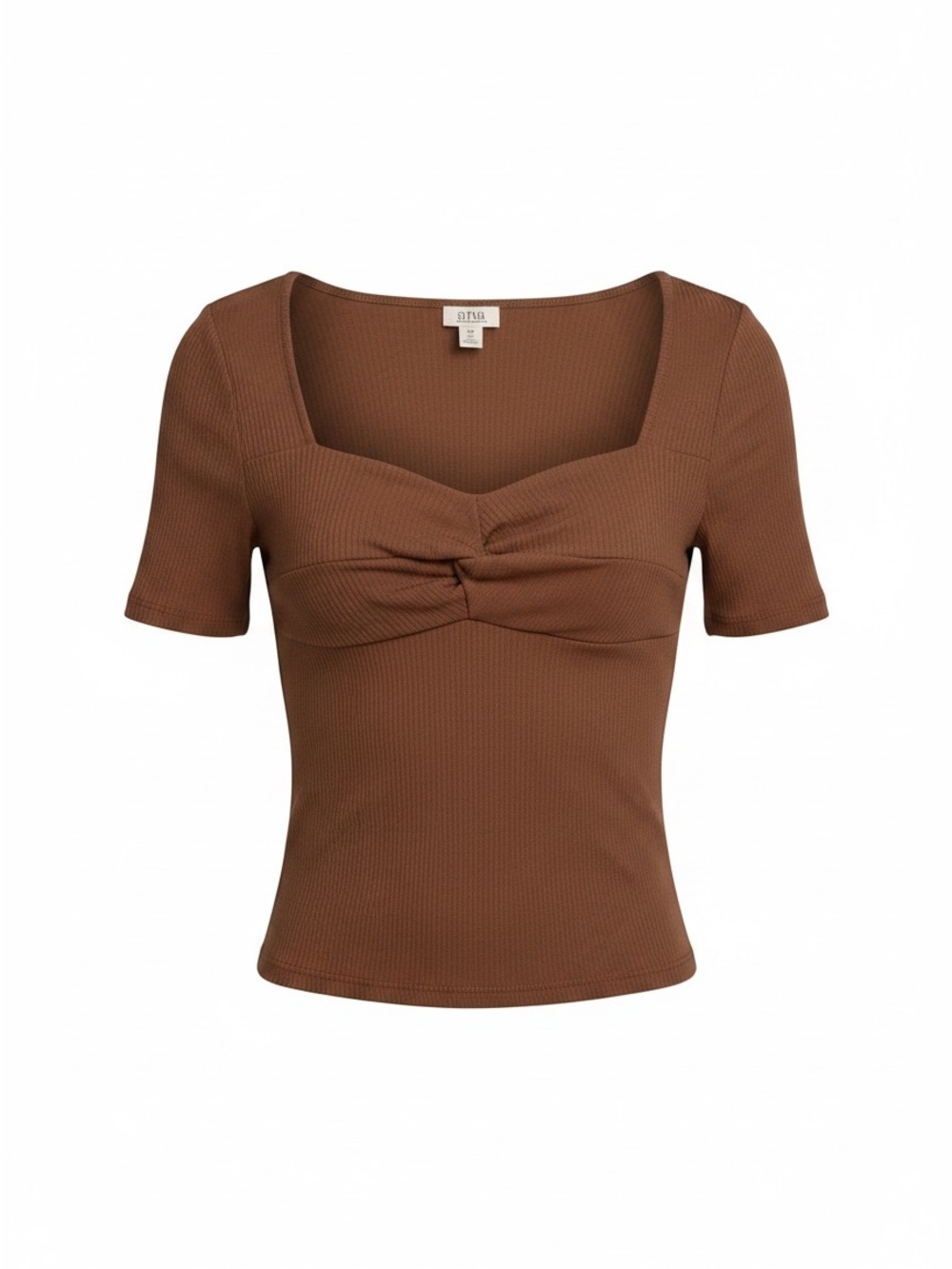 <NWT> a.n.a Brown Twist-Front Square-Neck Ribbed Short Sleeve Top | PM